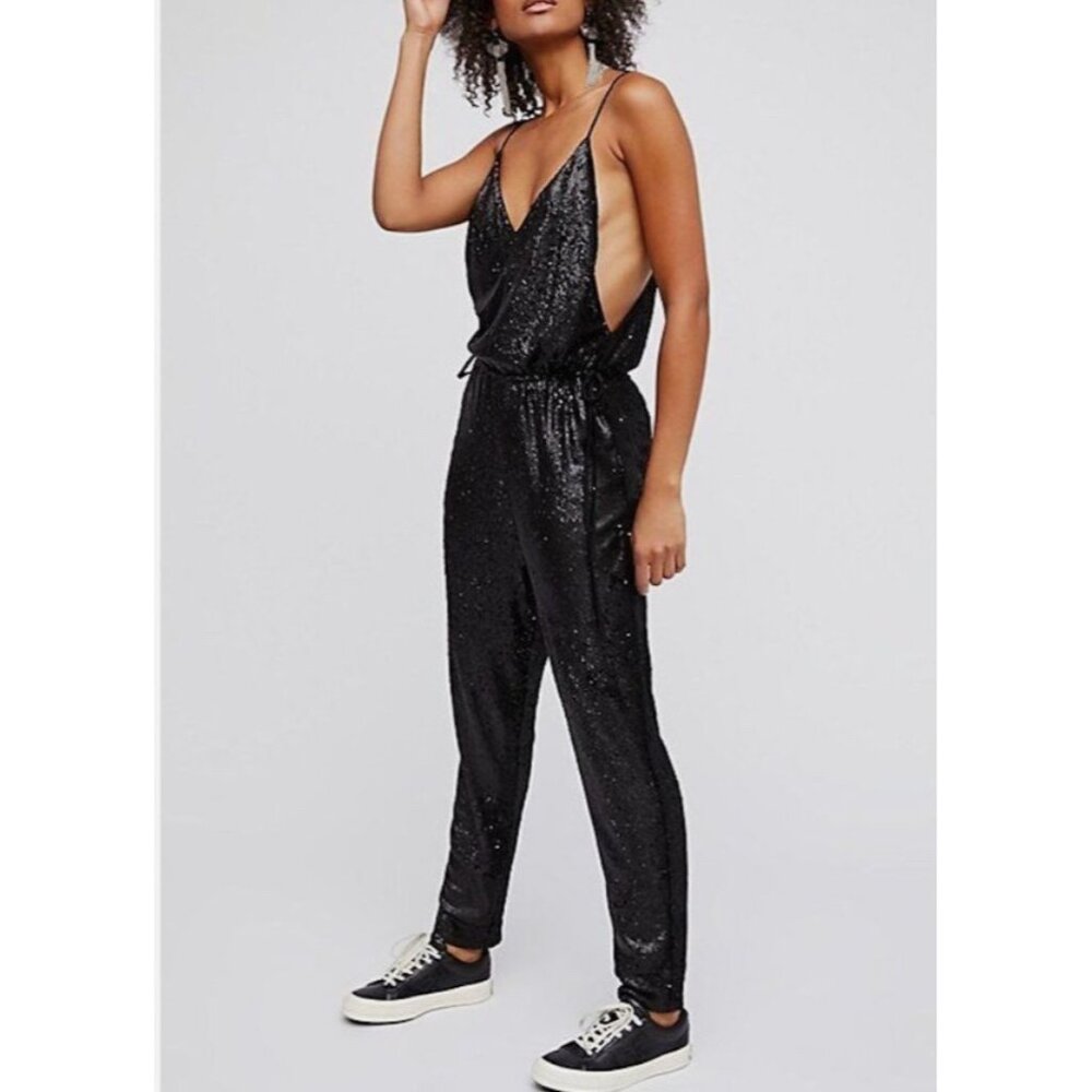 Free People black sequin pantsuit jumpsuit Swiftly boho sz S